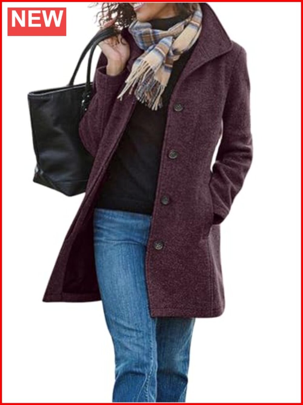 Women's Wool Blend Pea Coat Stand Collar Long Sleeve Winter Outerwear Single